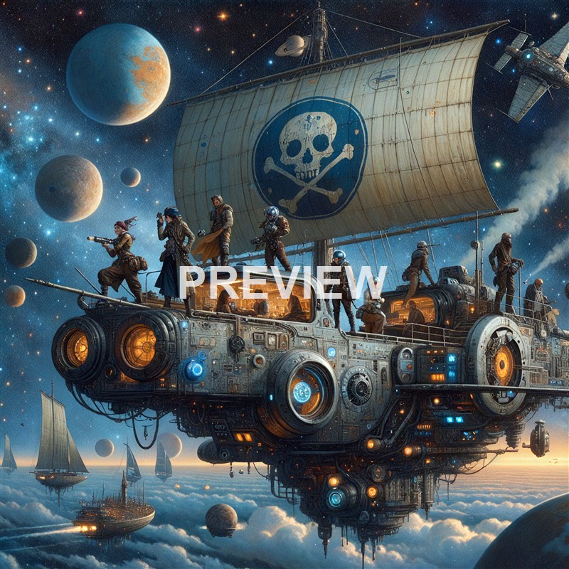 A large, futuristic flying ship with a pirate skull and crossbones emblem on its sail, carrying a crew of people in space, with multiple smaller ships around it and planets in the background.
